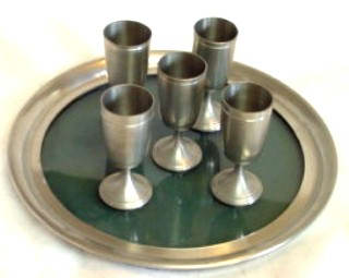 VINTAGE 5 CORDIAL & TRAY ENGLISH PEWTER SET.. EALES