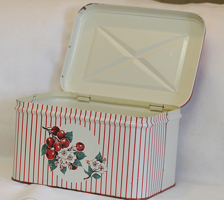 Vintage 1950s Enamel Metal Retro Bread Box.. Red & White Cherries