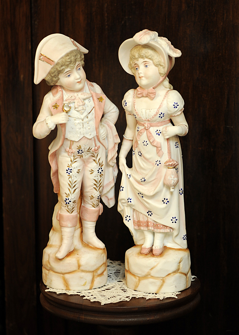 Antique Bisque Porcelain 14" Tall Boy & Girl Figurines Statues Regency