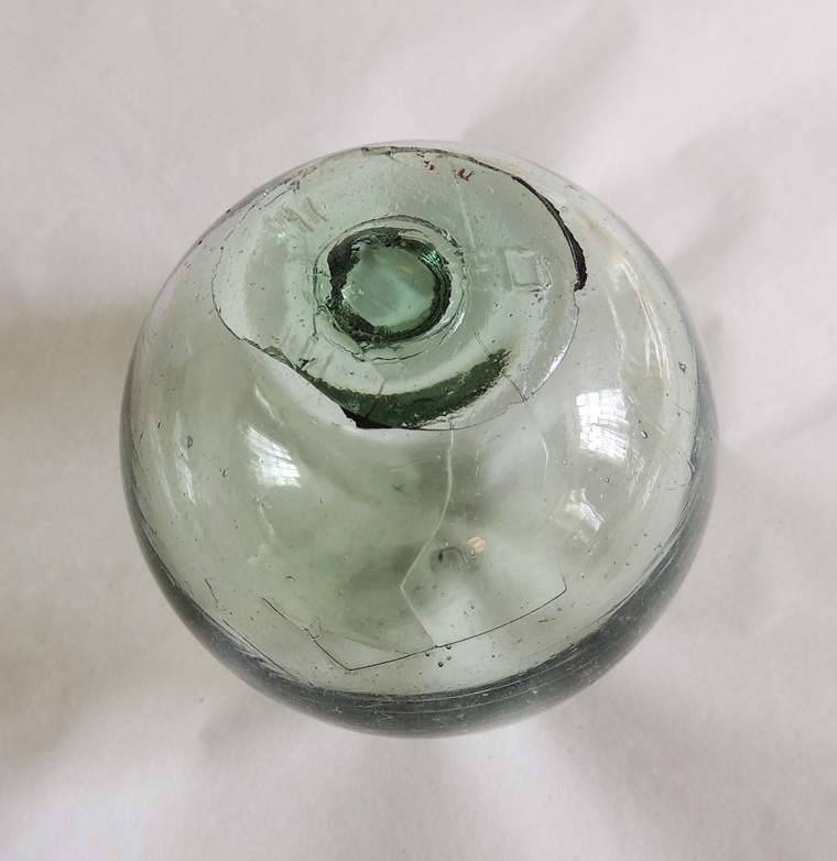 Vtg Japanese Glass Fishing Float.. Moss Green, Makers Mark & Straw